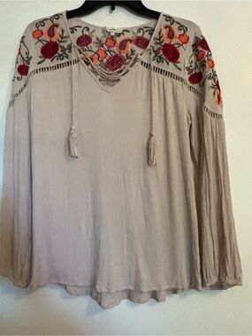 entro Beige Boho Tunic with Red & Orange Floral Embroidery